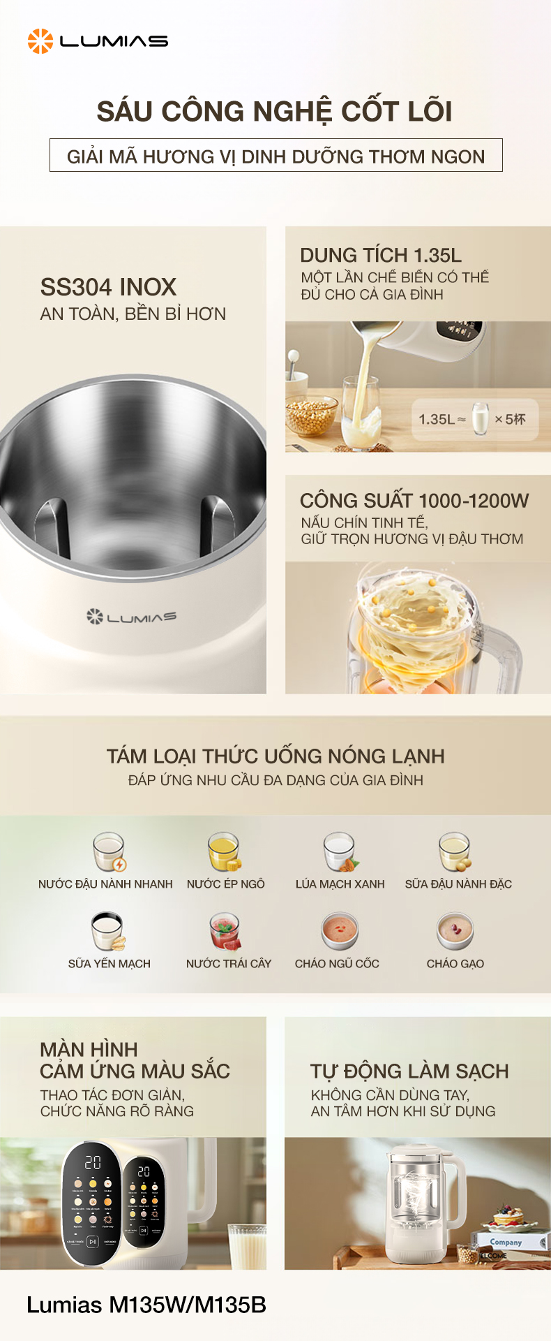 Máy làm sữa hạt M135W/M135B với 6 công nghệ cốt lõi 