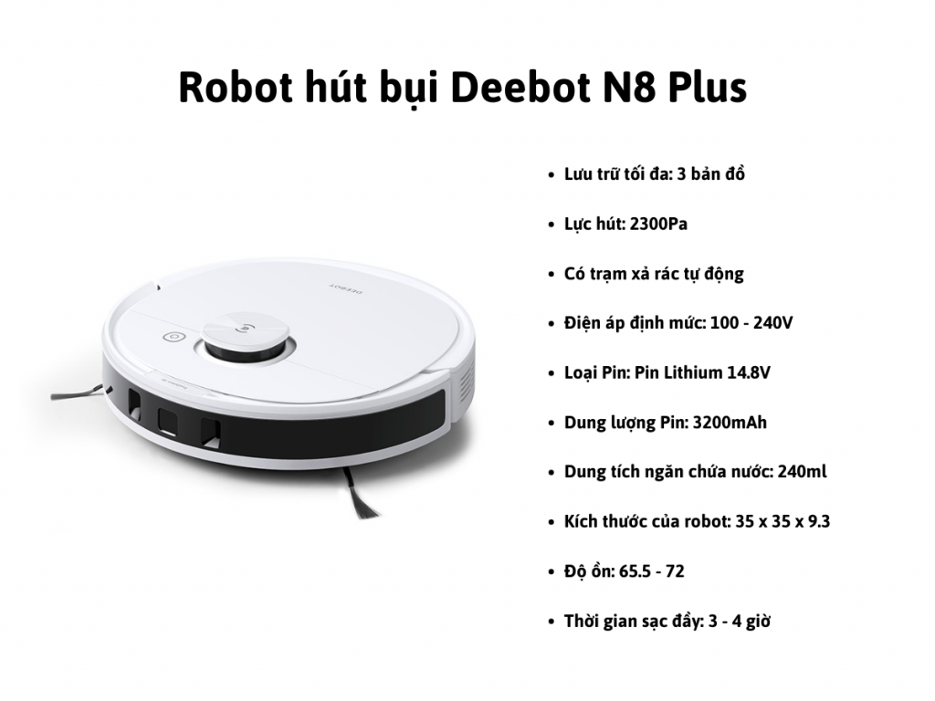 Th&ocirc;ng số kỹ thuật của Robot h&uacute;t bụi Deebot N8 Plus 