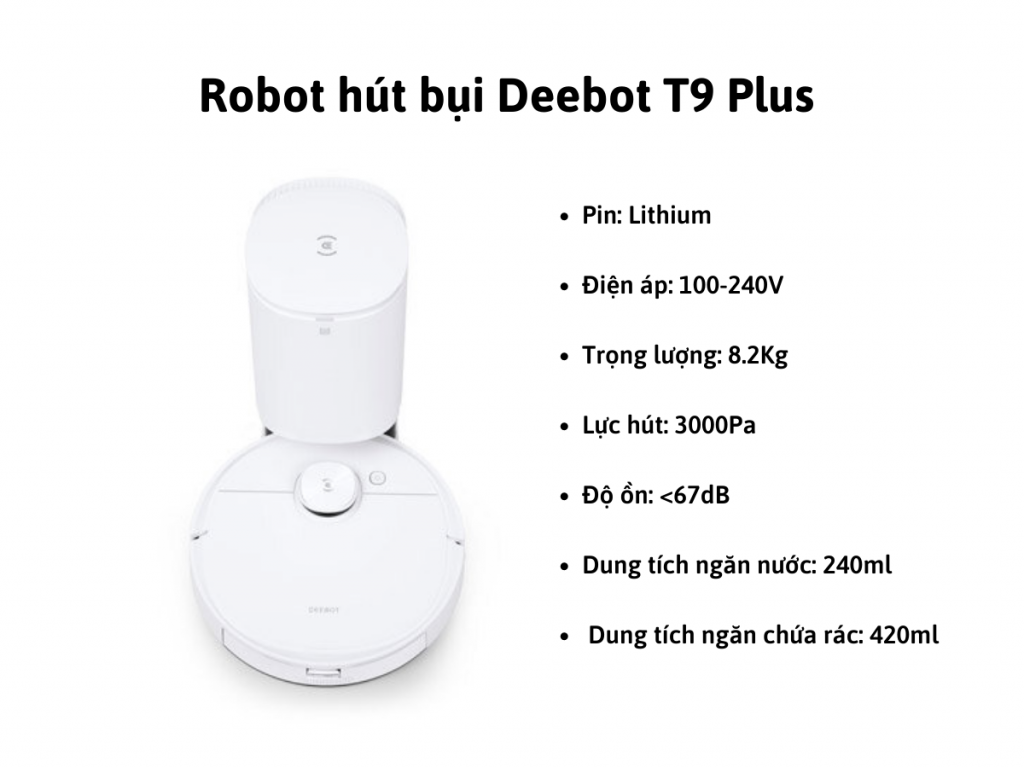 Th&ocirc;ng số kỹ thuật của Robot h&uacute;t bụi Deebot T9 Plus 