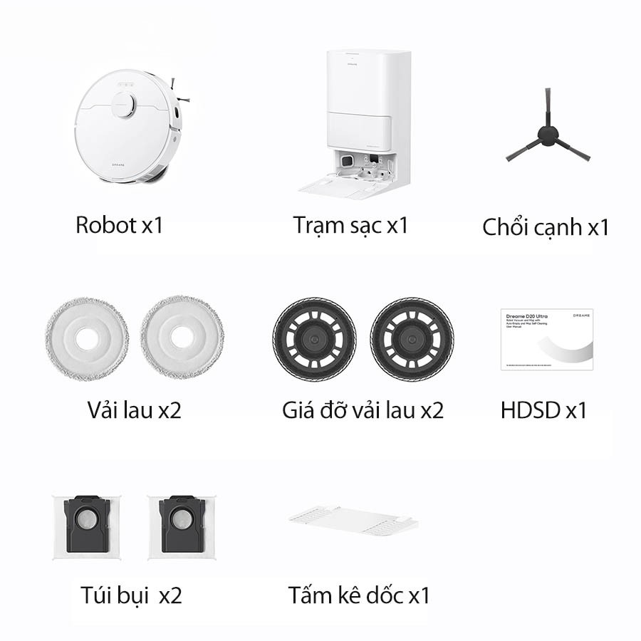 Trọn bộ sản phẩm Robot hút bụi lau nhà Dreame D20 Ultra – Bản Quốc Tế – Chính hãng