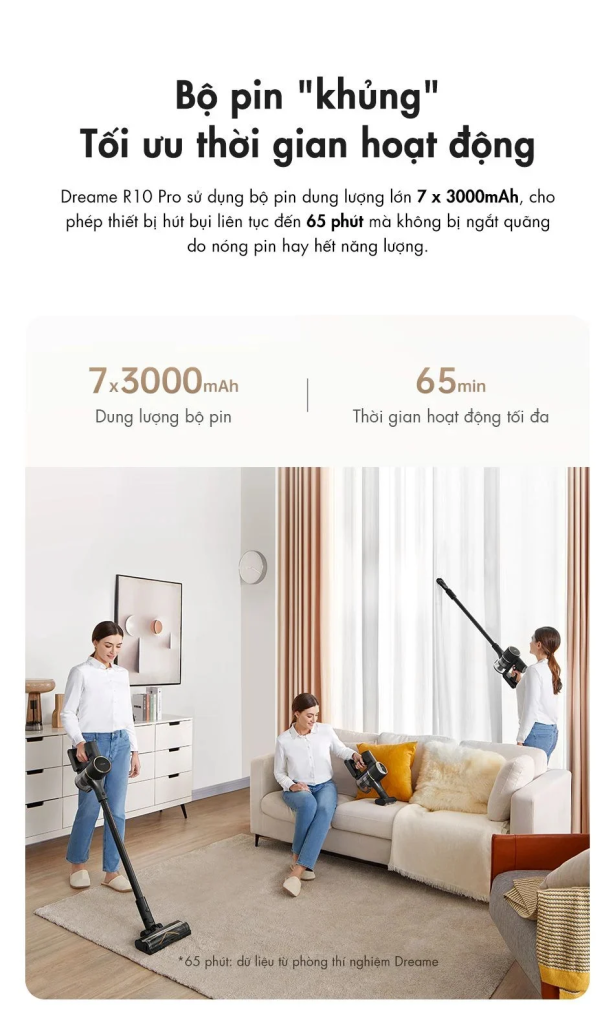 Máy hút bụi Dreame R10 Pro sở hữu cụm pin Li-ion 7 x 3.000 mAh
