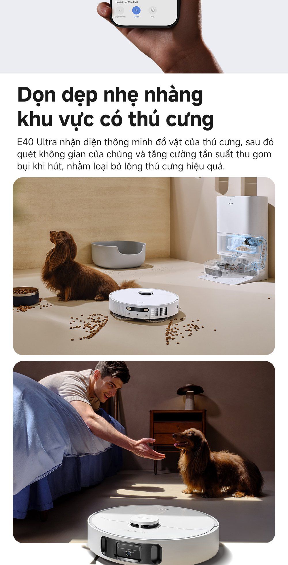 Robot hút bụi lau nhà thông minh MOVA E40 Ultra chế độ cho thú cưng