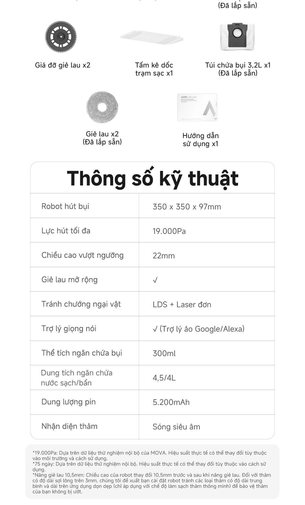 Robot hút bụi lau nhà thông minh MOVA E40 Ultra thông số kỹ thuật