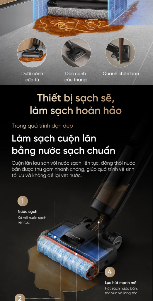 Máy hút bụi lau nhà khô và ướt Dreame H12 FlexReach làm sạch hoàn hảo