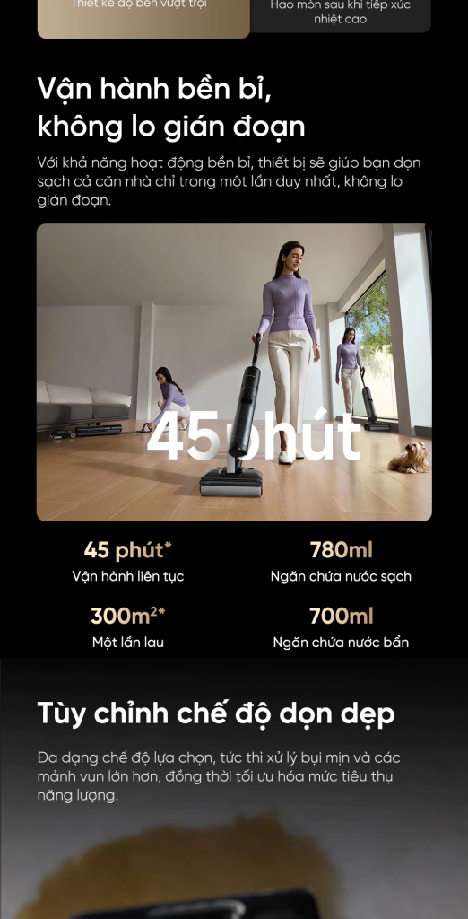 Máy hút bụi lau nhà khô và ướt Dreame H12 FlexReach làm sạch bền bỉ