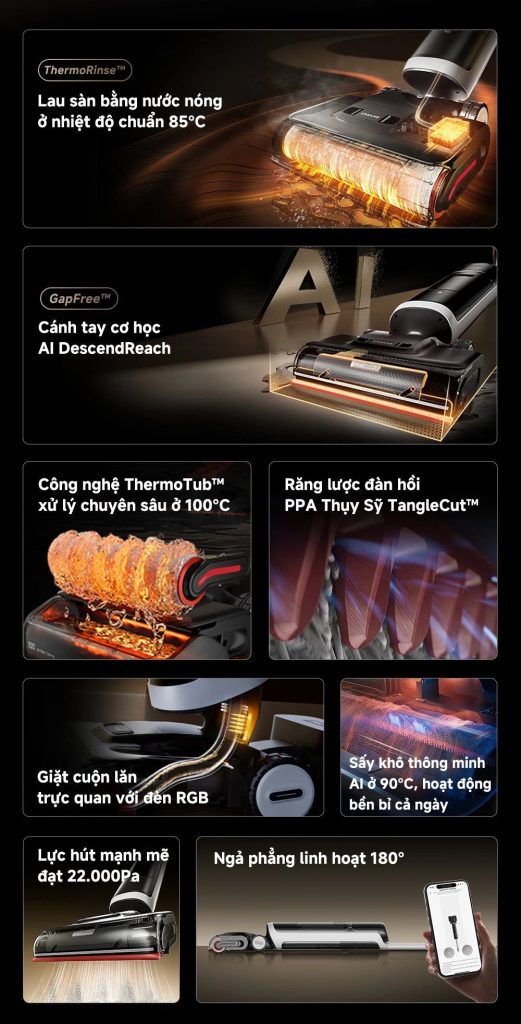 Các tính năng của máy hút bụi lau nhà khô và ướt Dreame H15 Pro Heat 