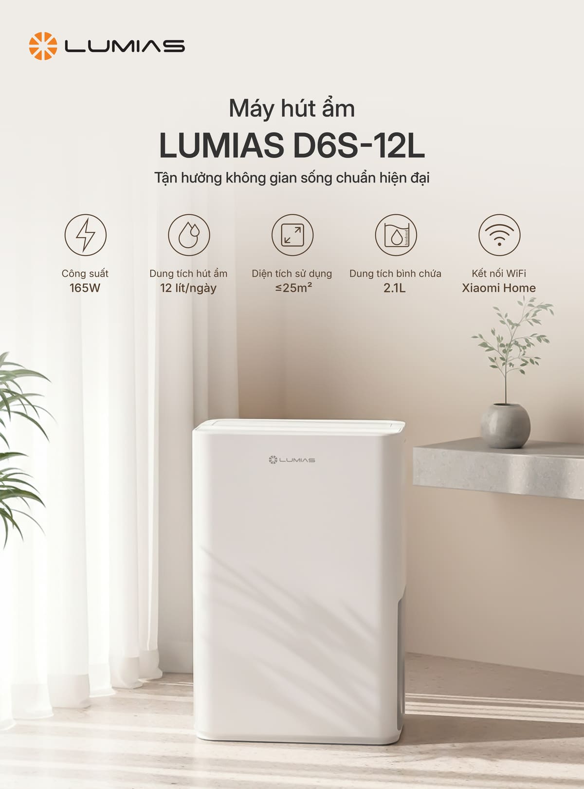 Máy hút ẩm 12L Lumias D6S-12L có công suất tới 165W