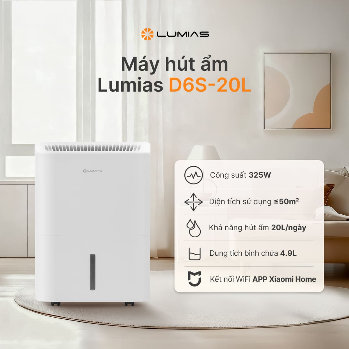 Máy hút ẩm 20L Lumias D6S-20L hút ẩm mạnh mẽ, di chuyển linh hoạt