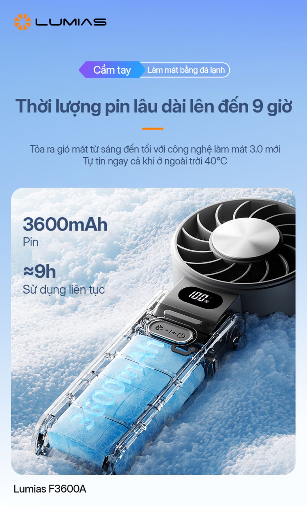 Quạt cầm tay mini Lumias F3600A sử dụng lâu dài tới 9h