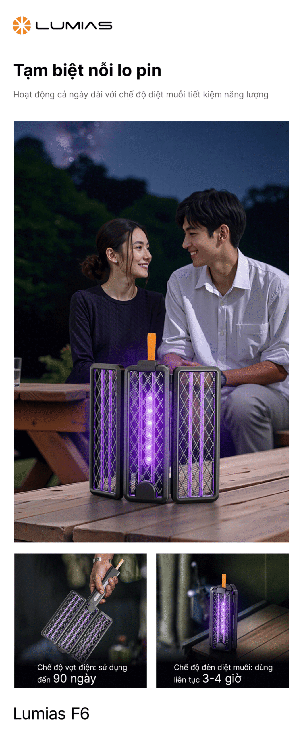 Vợt bắt muỗi tích hợp đèn bắt muỗi Lumias F6 sử dụng được cả ngày dài