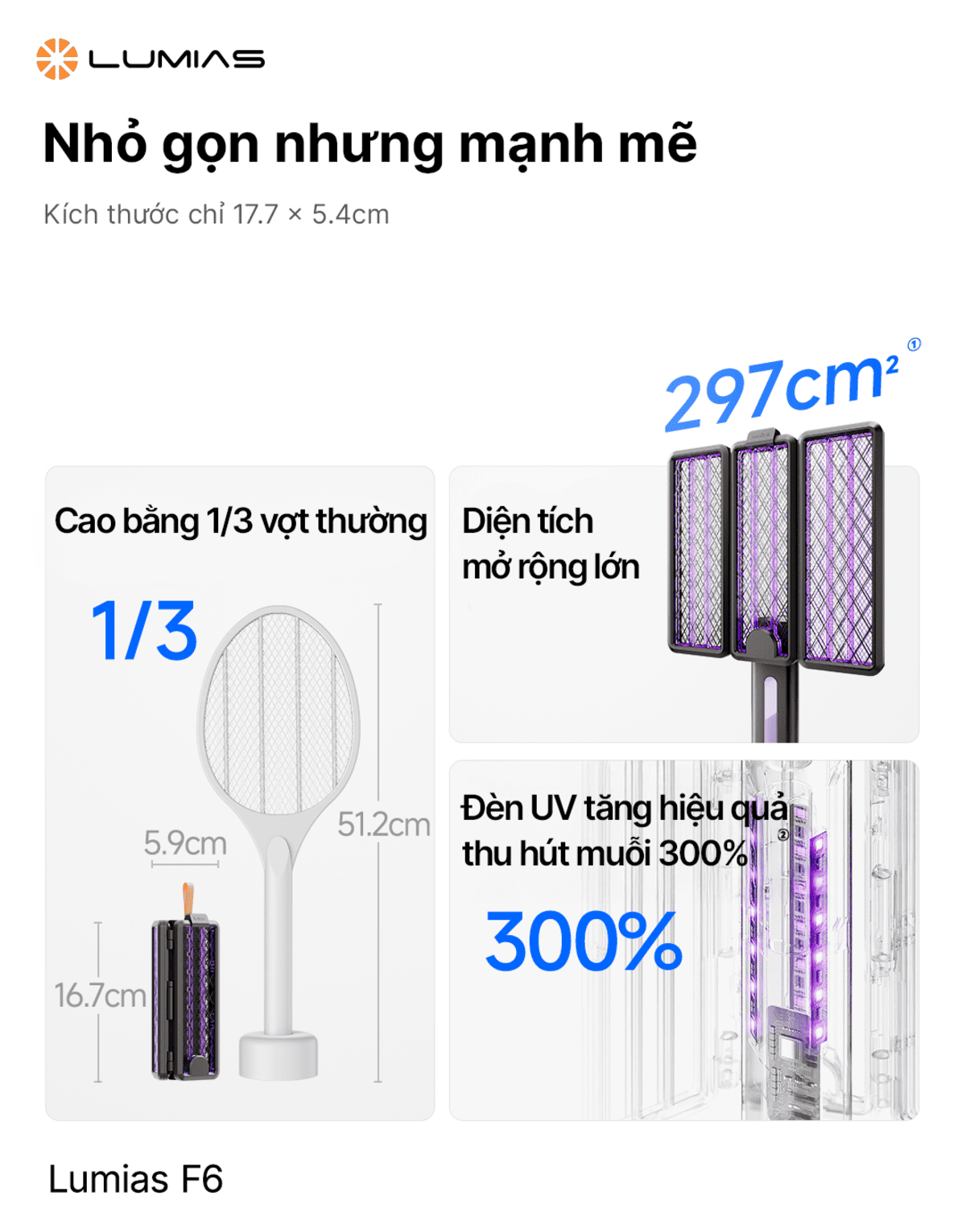 Vợt bắt muỗi tích hợp đèn bắt muỗi Lumias F6 nhỏ gọn nhưng mạnh mẽ