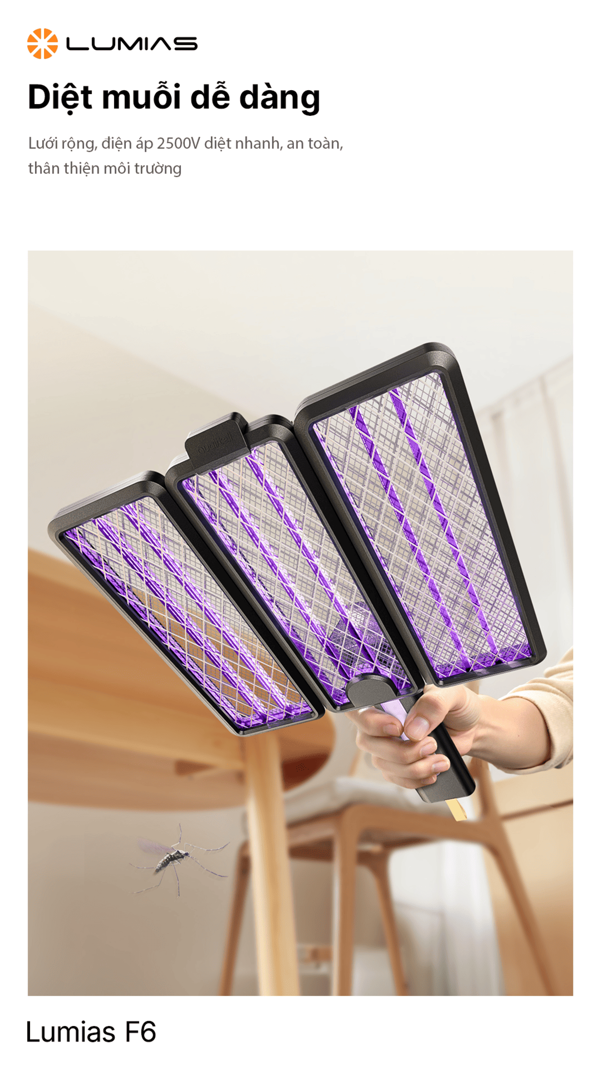 Vợt bắt muỗi tích hợp đèn bắt muỗi Lumias F6 diệt muỗi dễ dàng nhiều góc độ