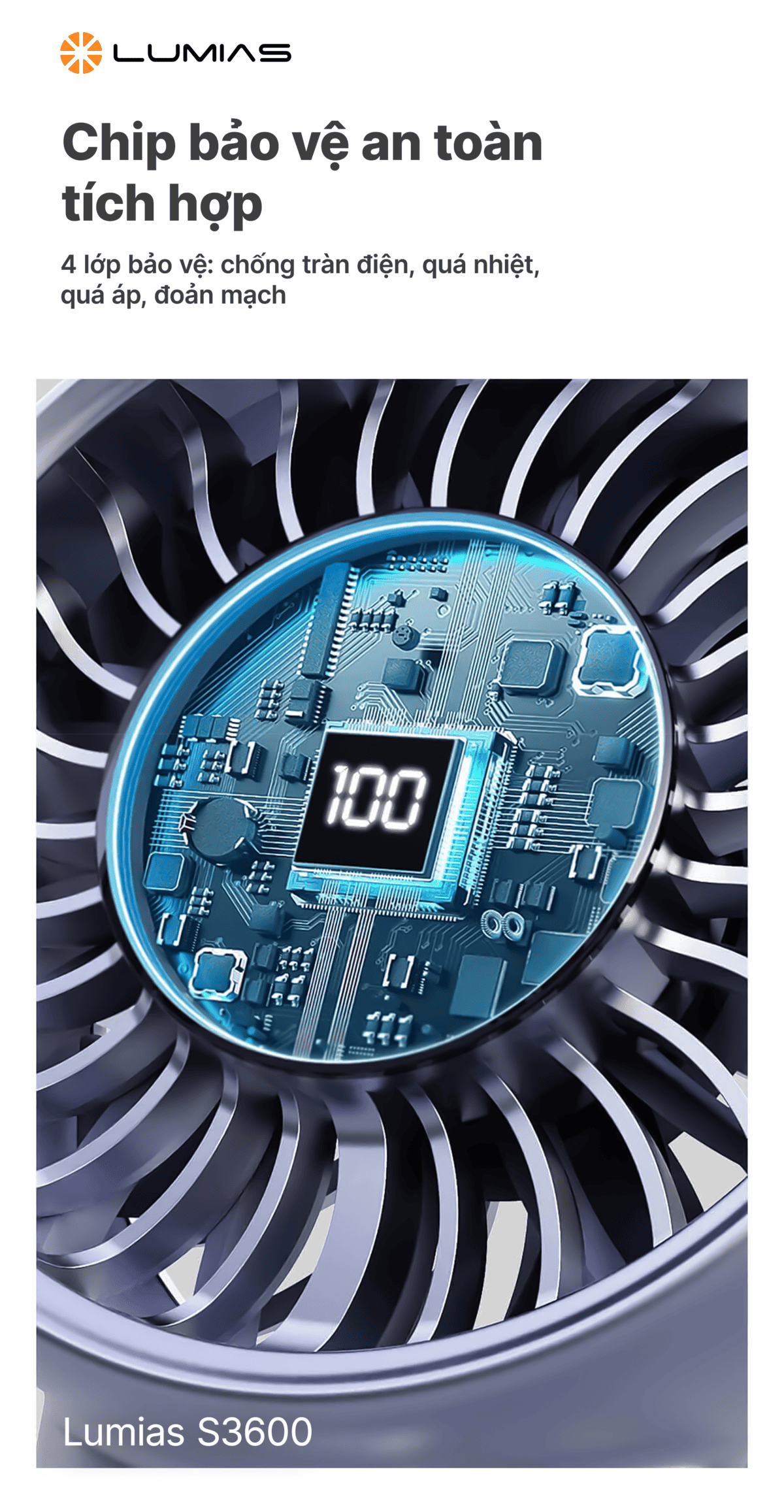 Quạt cầm tay S3600 được tích hợp chip bảo vệ an toàn