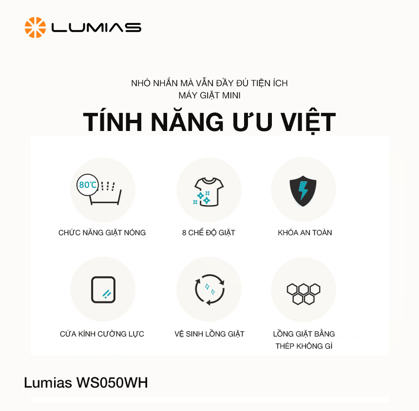 Máy giặt mini Lumias WS050WH sở hữu nhiều tính năng ưu việt