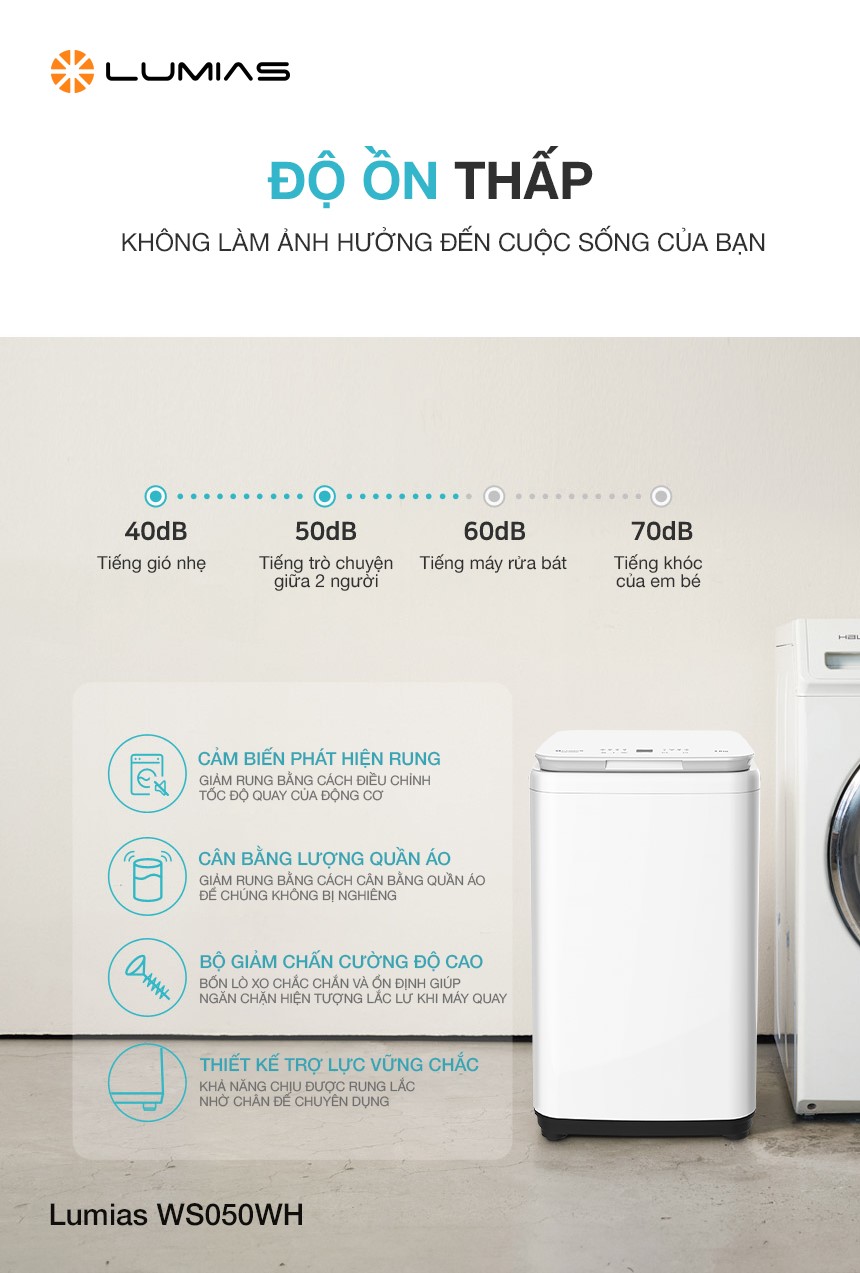 Máy giặt mini Lumias WS050WH có độ ồn chỉ 50dB