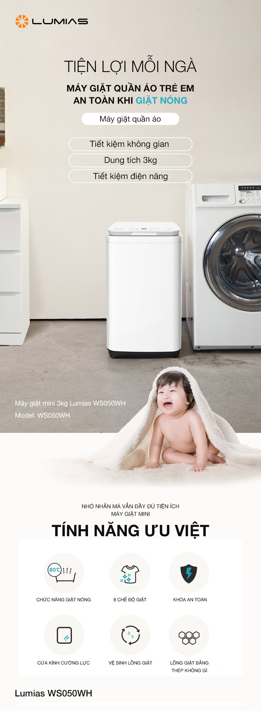 Máy giặt mini chức năng giặt nhiệt độ cao Lumias WS050WH 