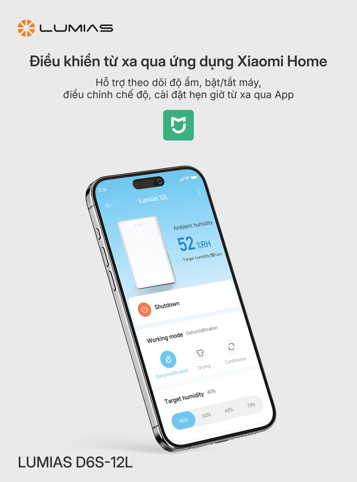 Máy hút ẩm 12L Lumias D6S-12L điều khiển thông minh qua app Xiaomi Home