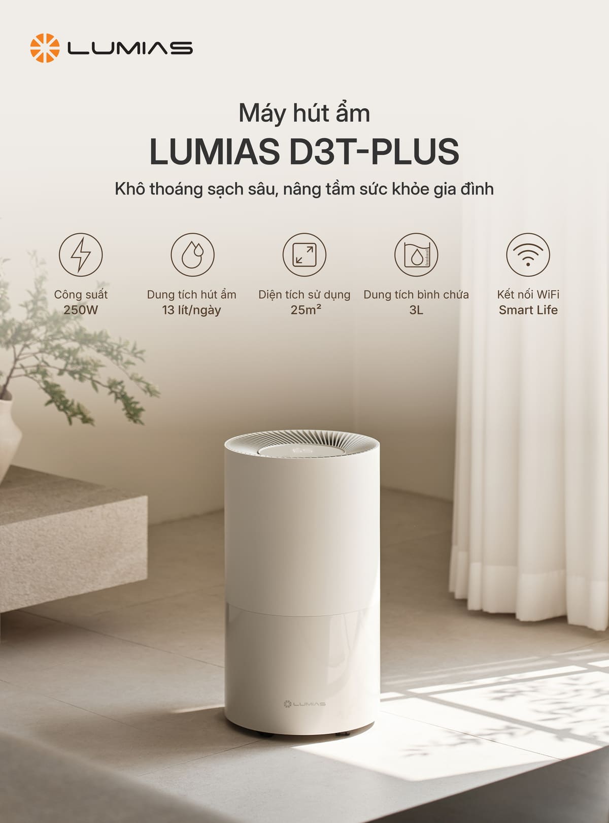 Máy hút ẩm Lumias D3T-PLUS kiểm soát độ ẩm sinh hoạt hằng ngày
