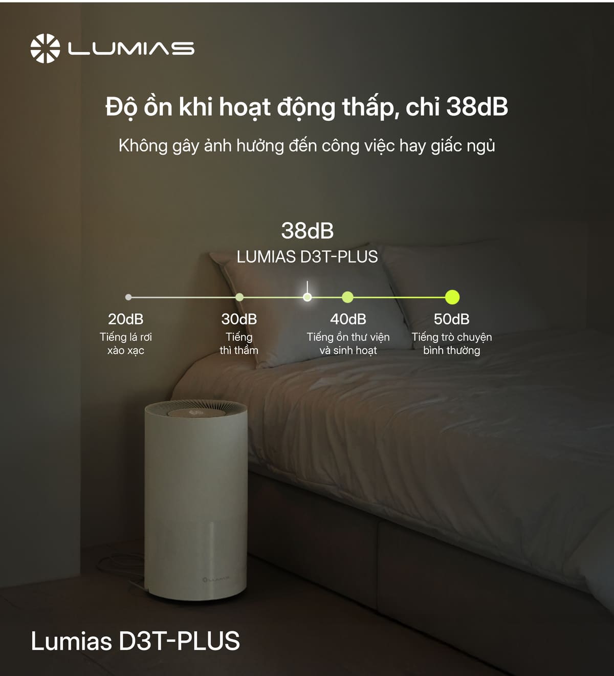 Máy hút ẩm Lumias D3T-PLUS hoạt động êm ái có độ ồn chỉ 38dB