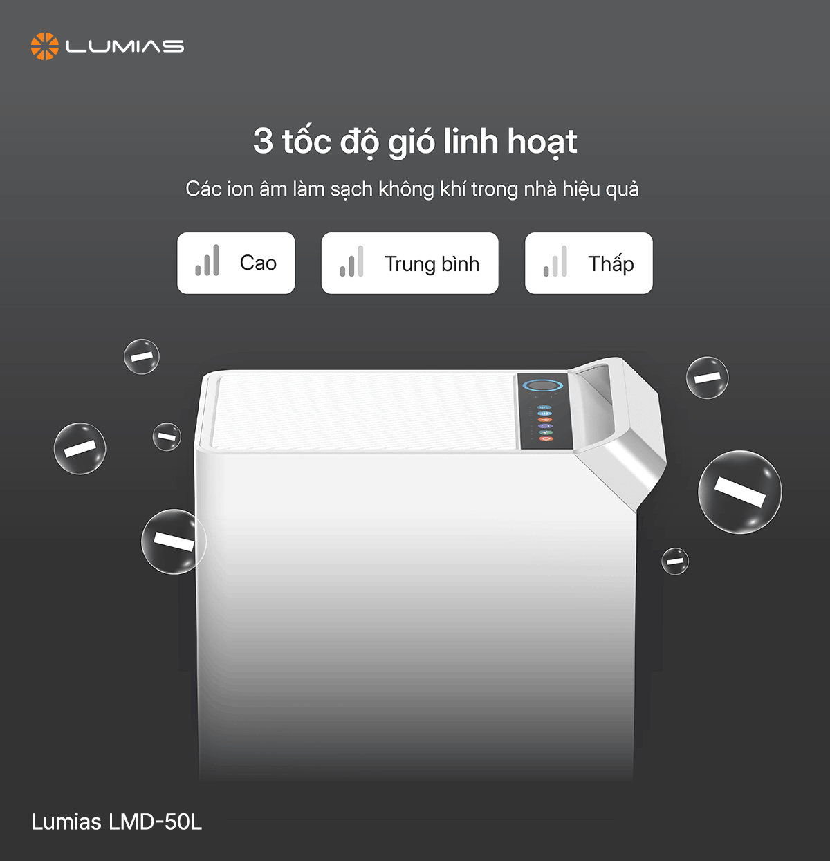 Lumias LMD-50L sở hữu 3 tốc độ gió, hút ẩm linh hoạt
