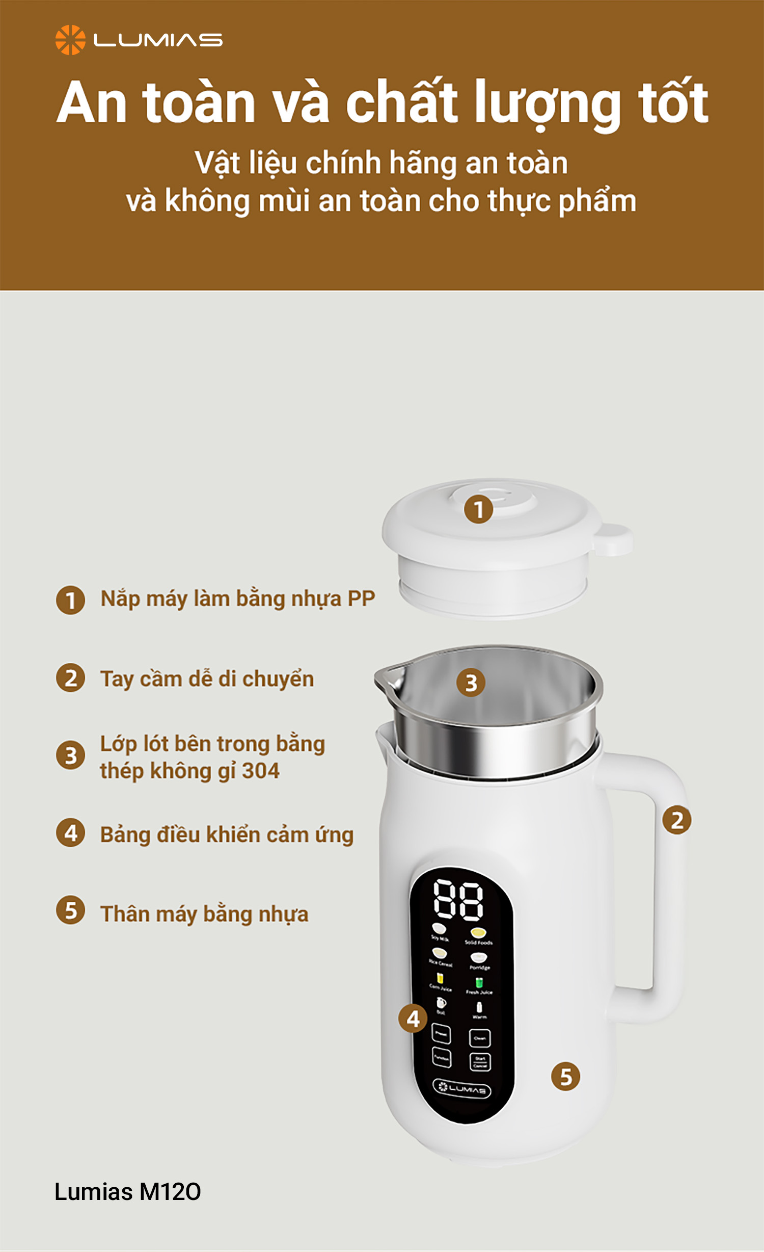 Máy làm sữa hạt 1.2L M12O cao cấp, an toàn