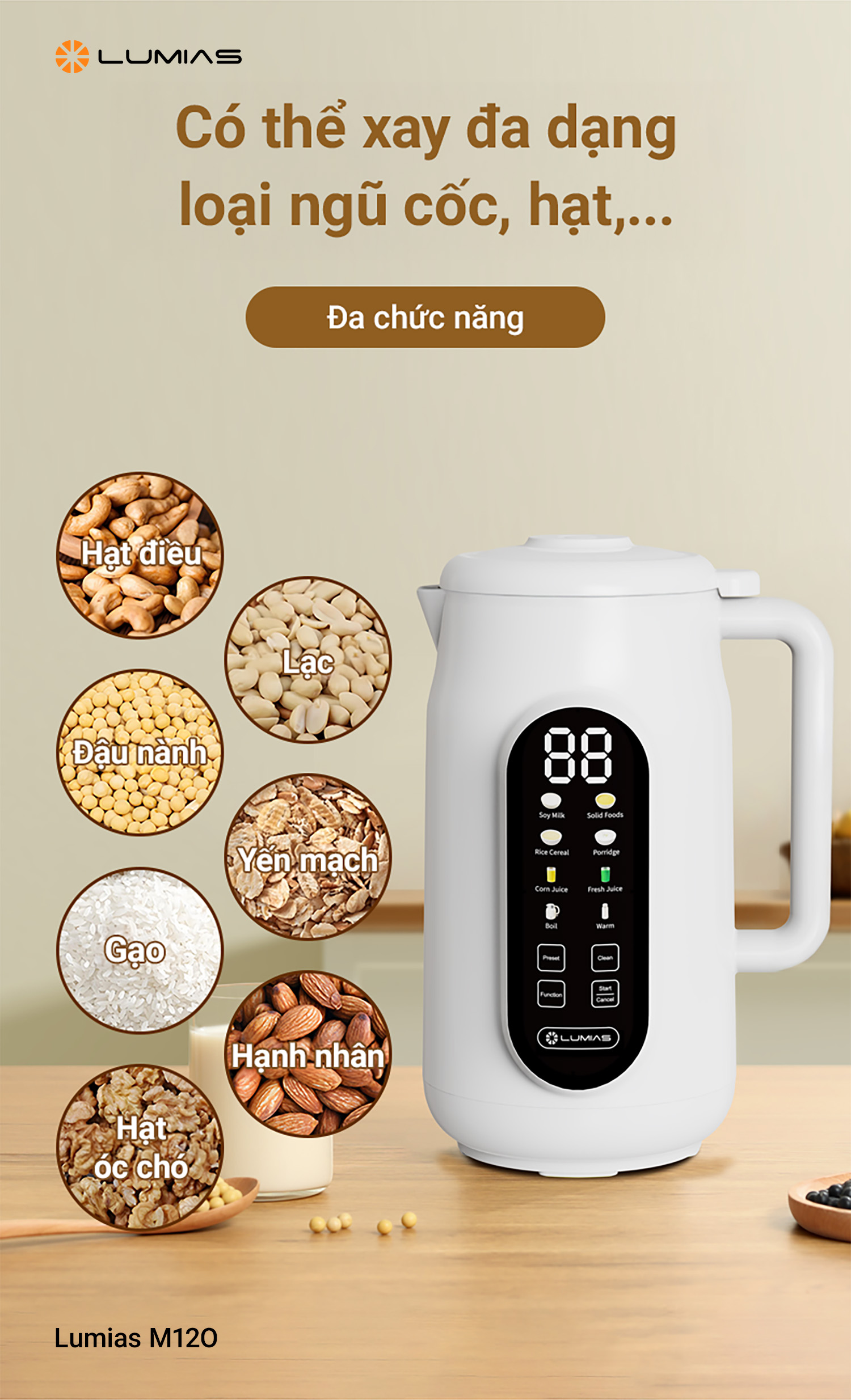 Máy làm sữa hạt 1.2L M12O có thể xay đa dạng các loiaj hạt