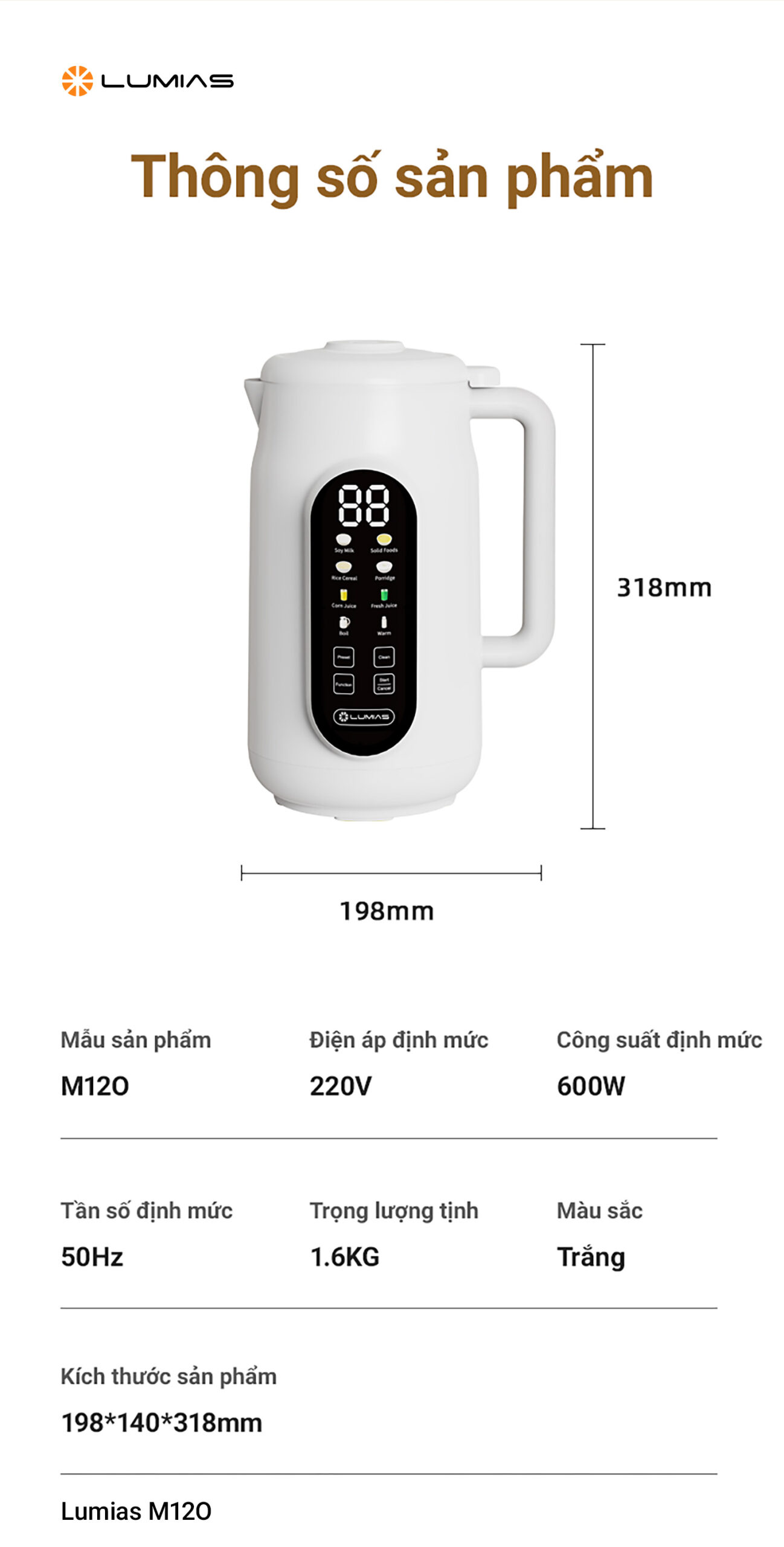 Thông số kỹ thuật của máy làm sữa hạt 1.2L Lumias M12O