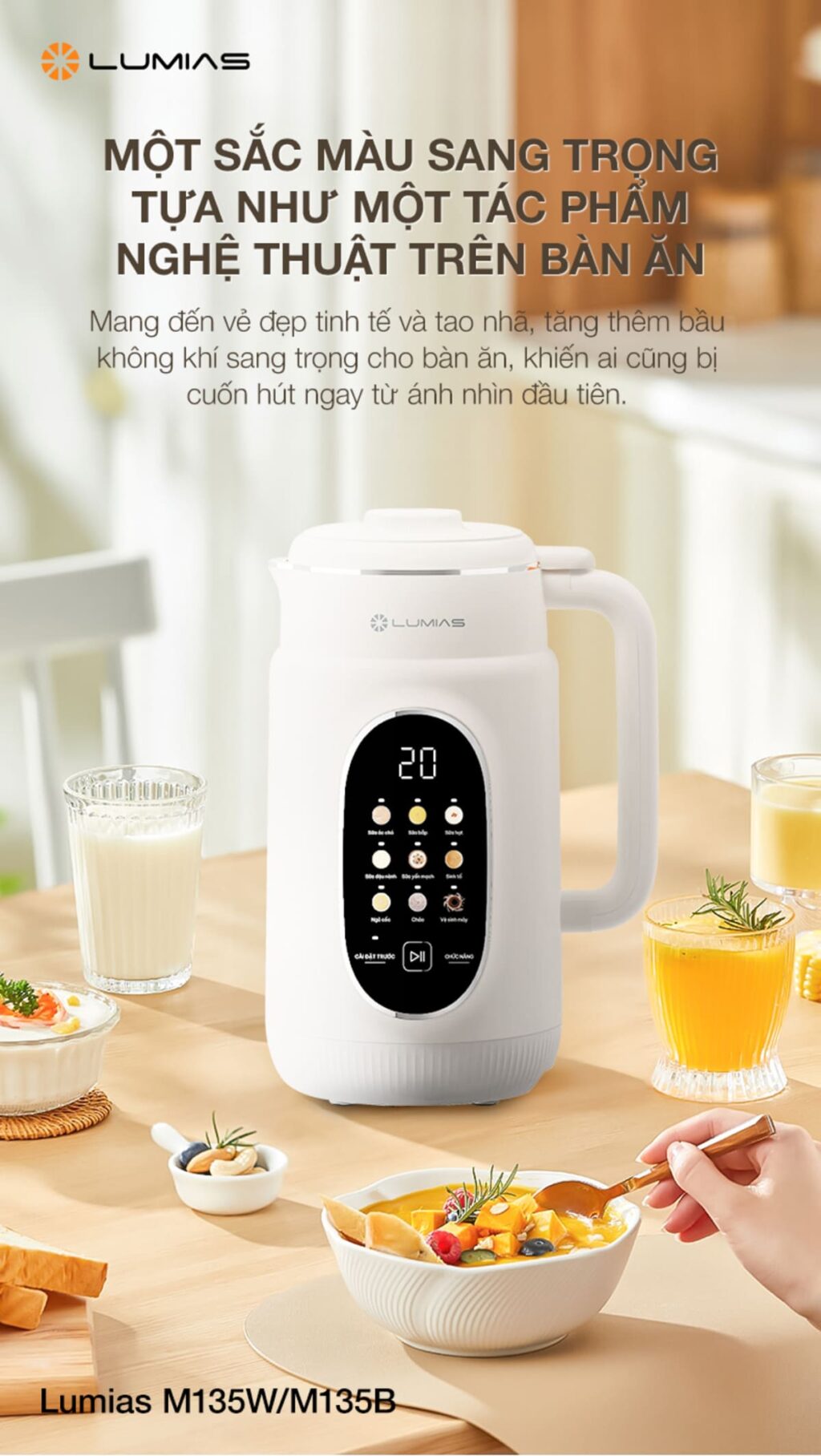 Máy làm sữa hạt 1.35L Lumias M135W/M135B màu trắng, tinh tế 