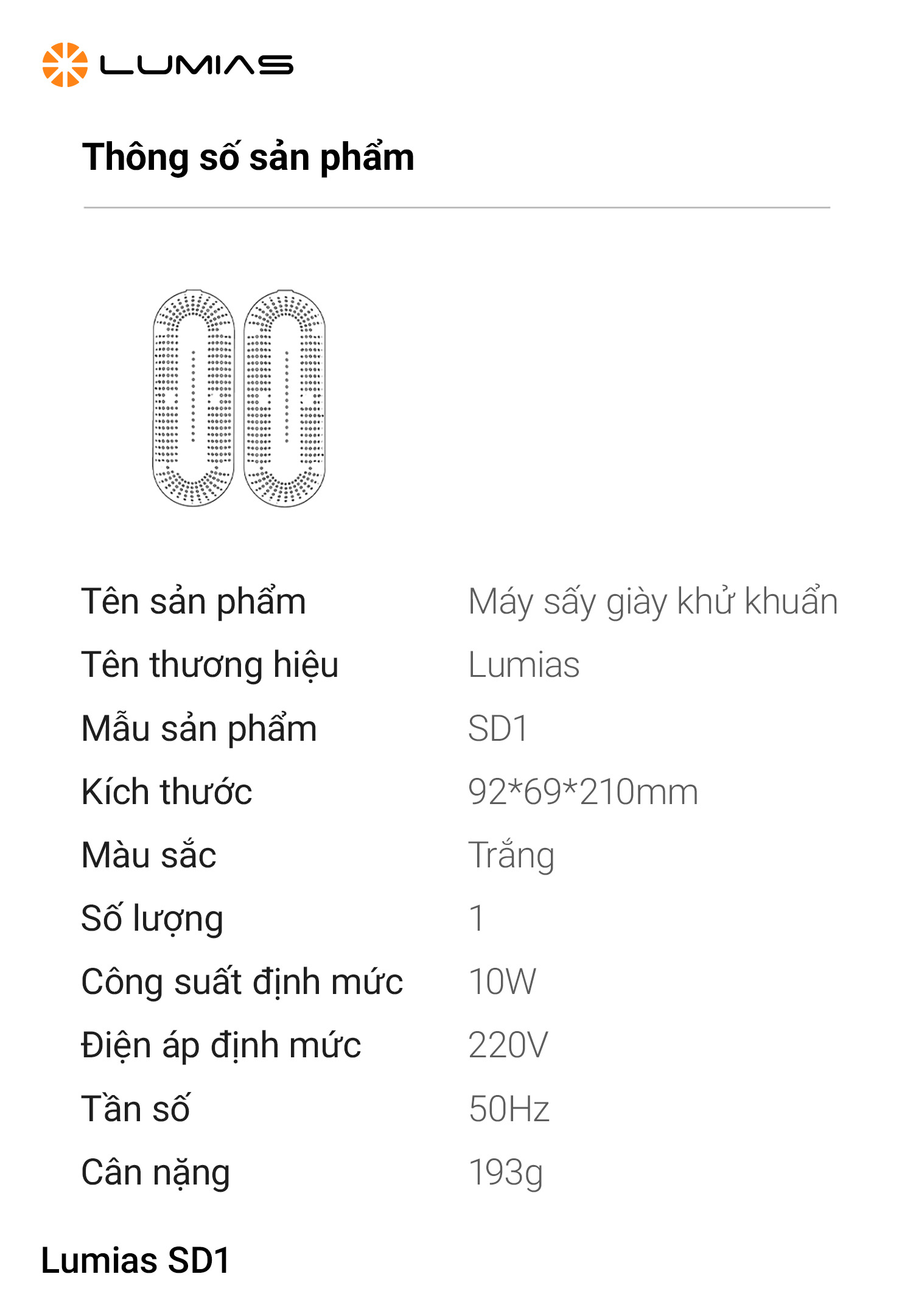 Thông số máy sấy giày Lumias SD1