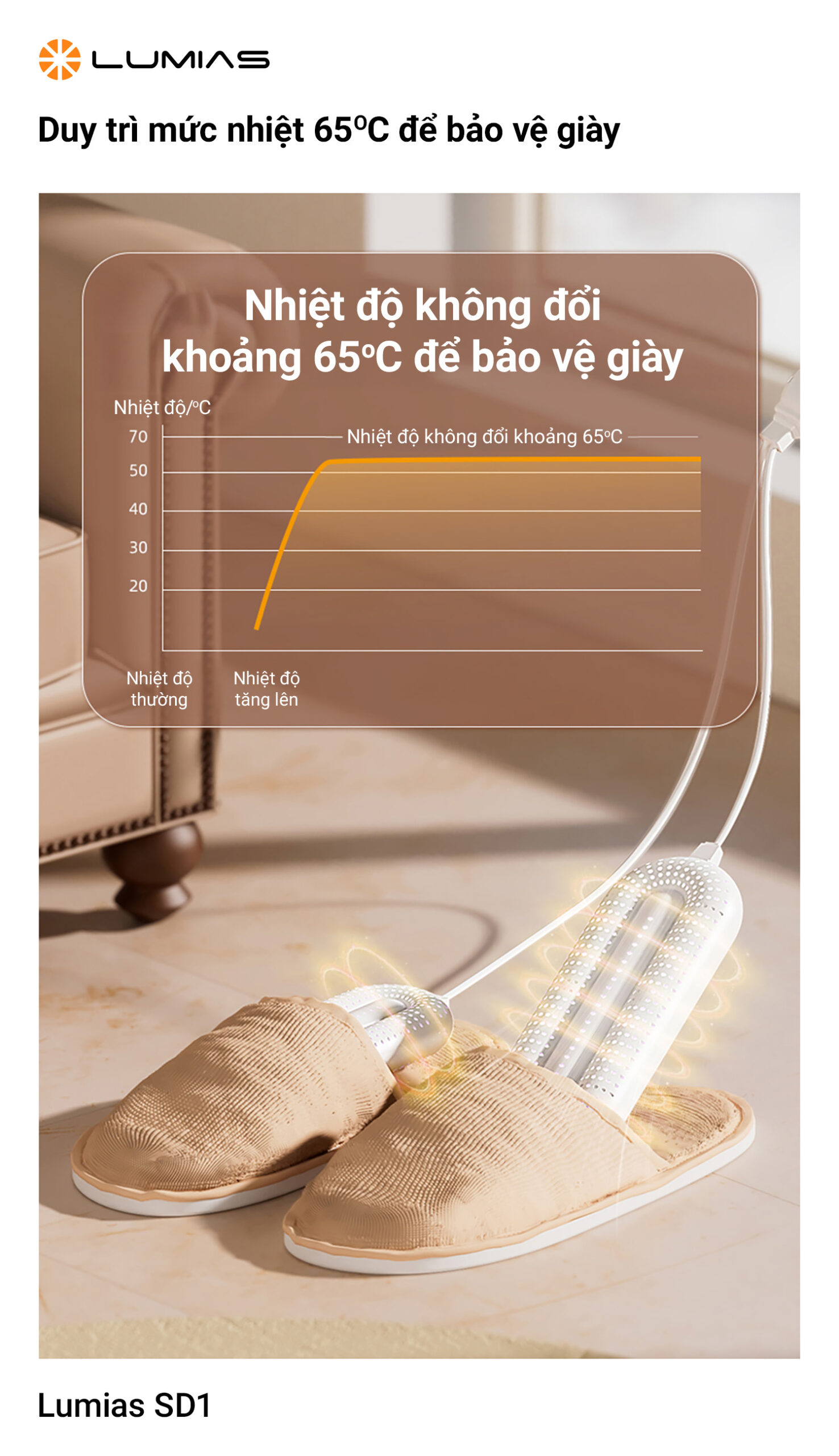 Máy sấy giày SD1 có nhiệt độ khoảng 65 độ