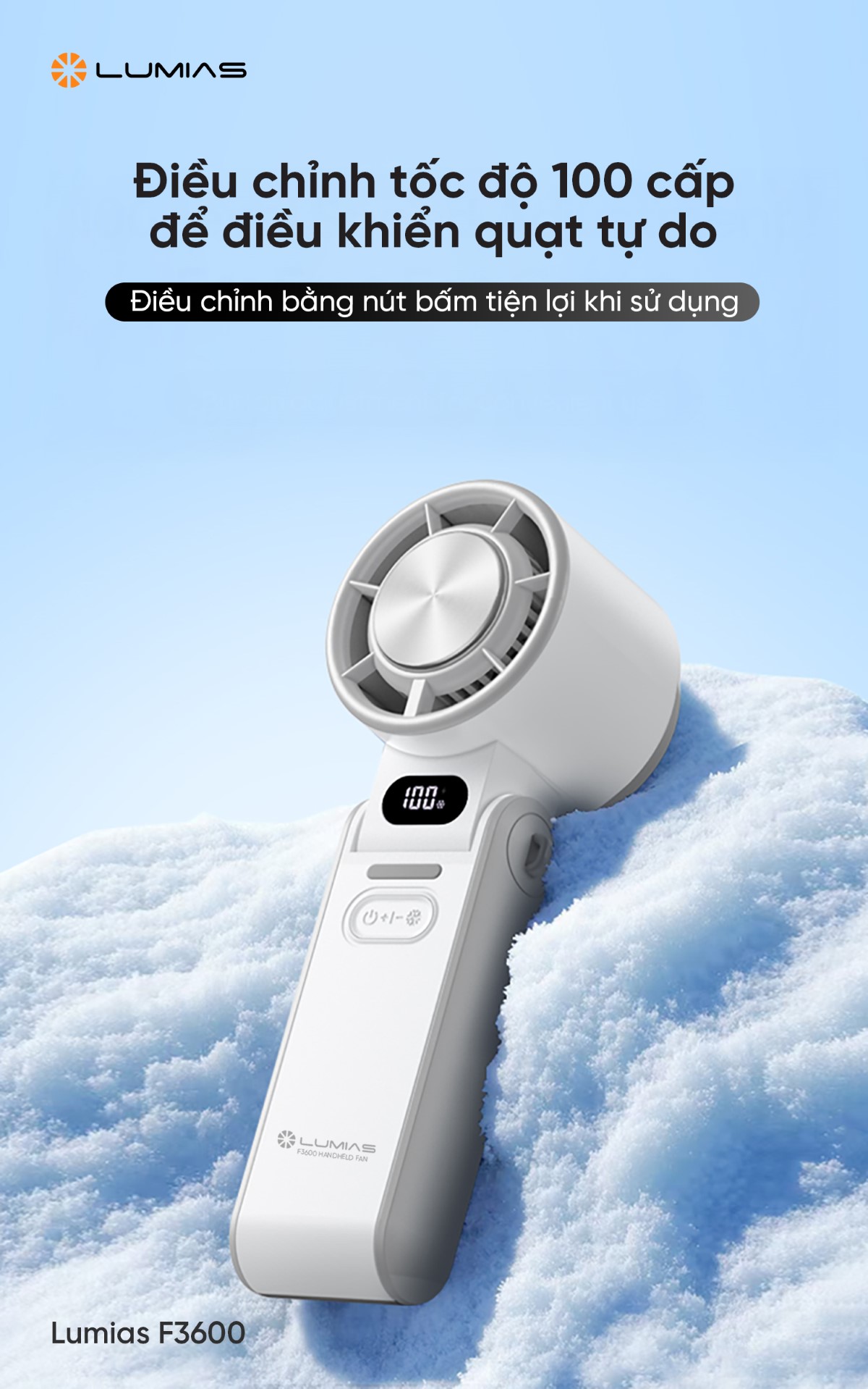 Quạt cầm tay làm lạnh Lumias F3600 có màn hình hiển thị 100 cấp độ gió 