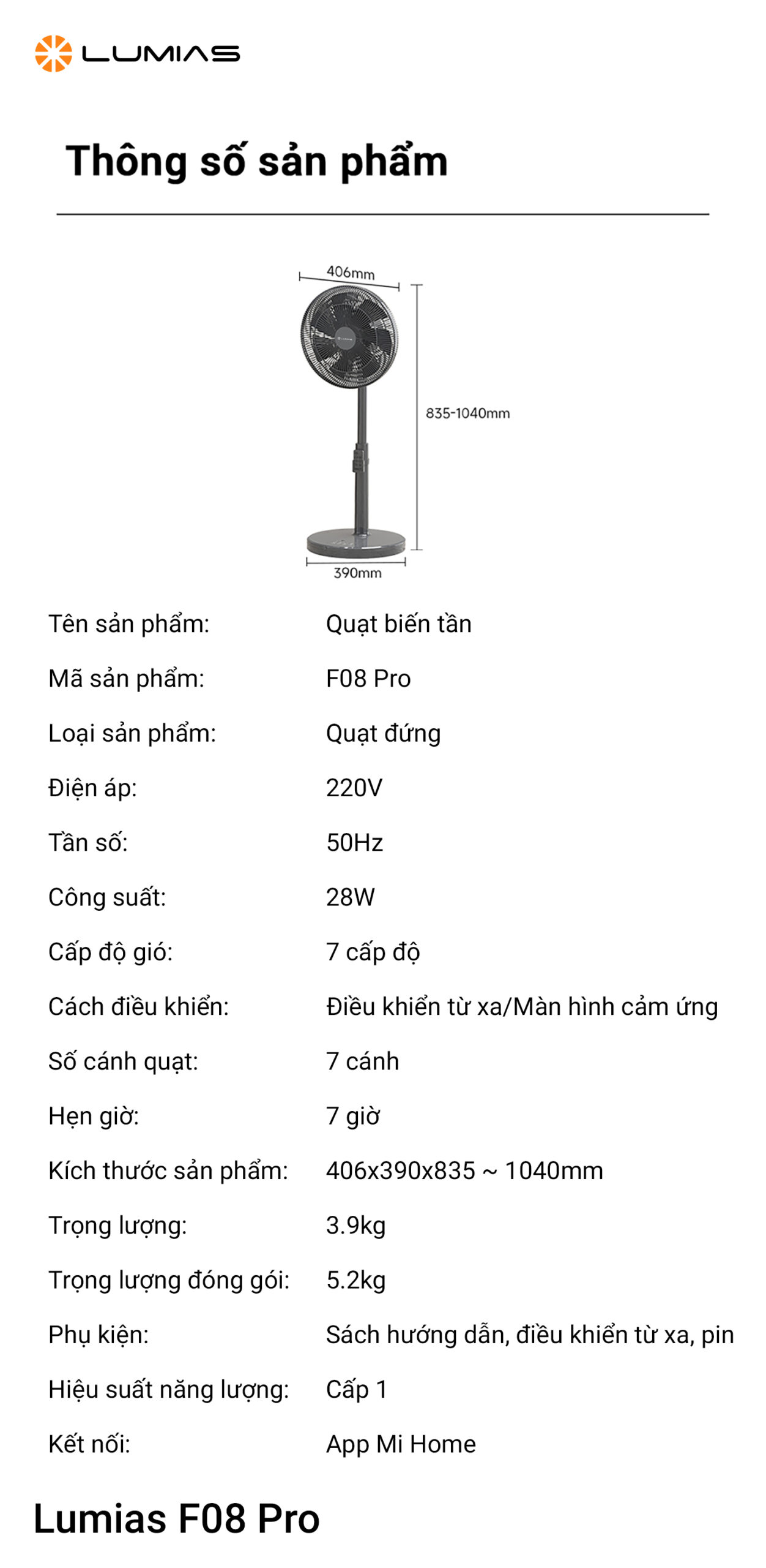 Thông số kỹ thuật của quạt cây Lumias F08 Pro