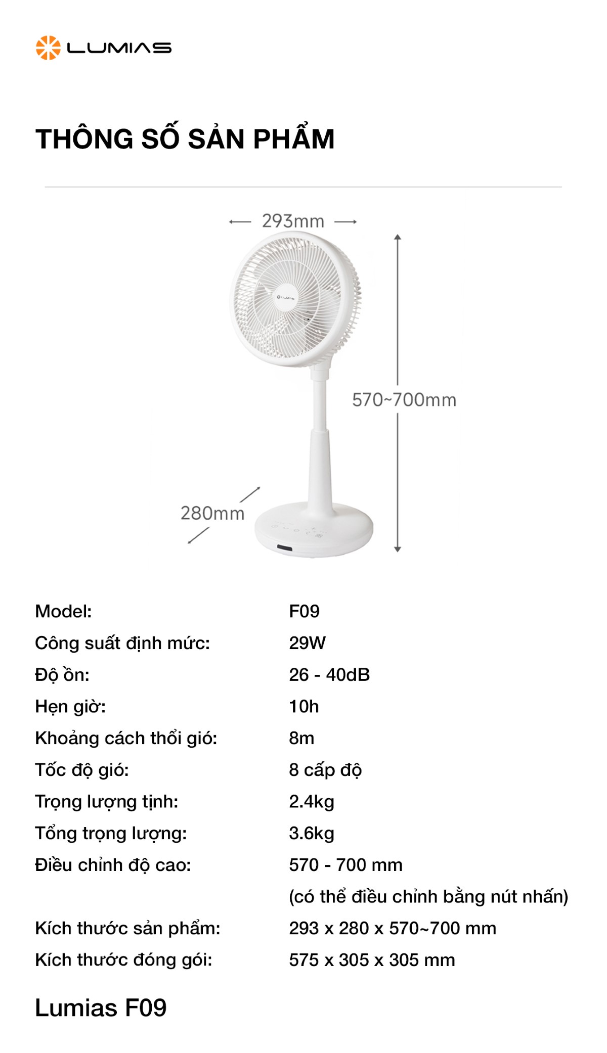 Thông số kỹ thuật quạt cây Lumias F09