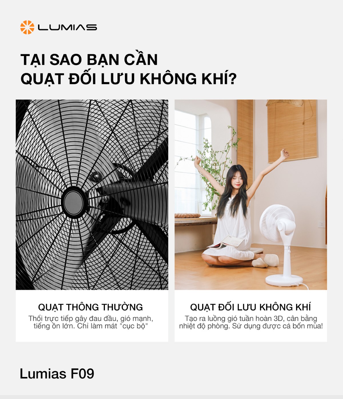 Lumias F09 tạo ra luồng gió tuần hoàn 3D dễ chịu