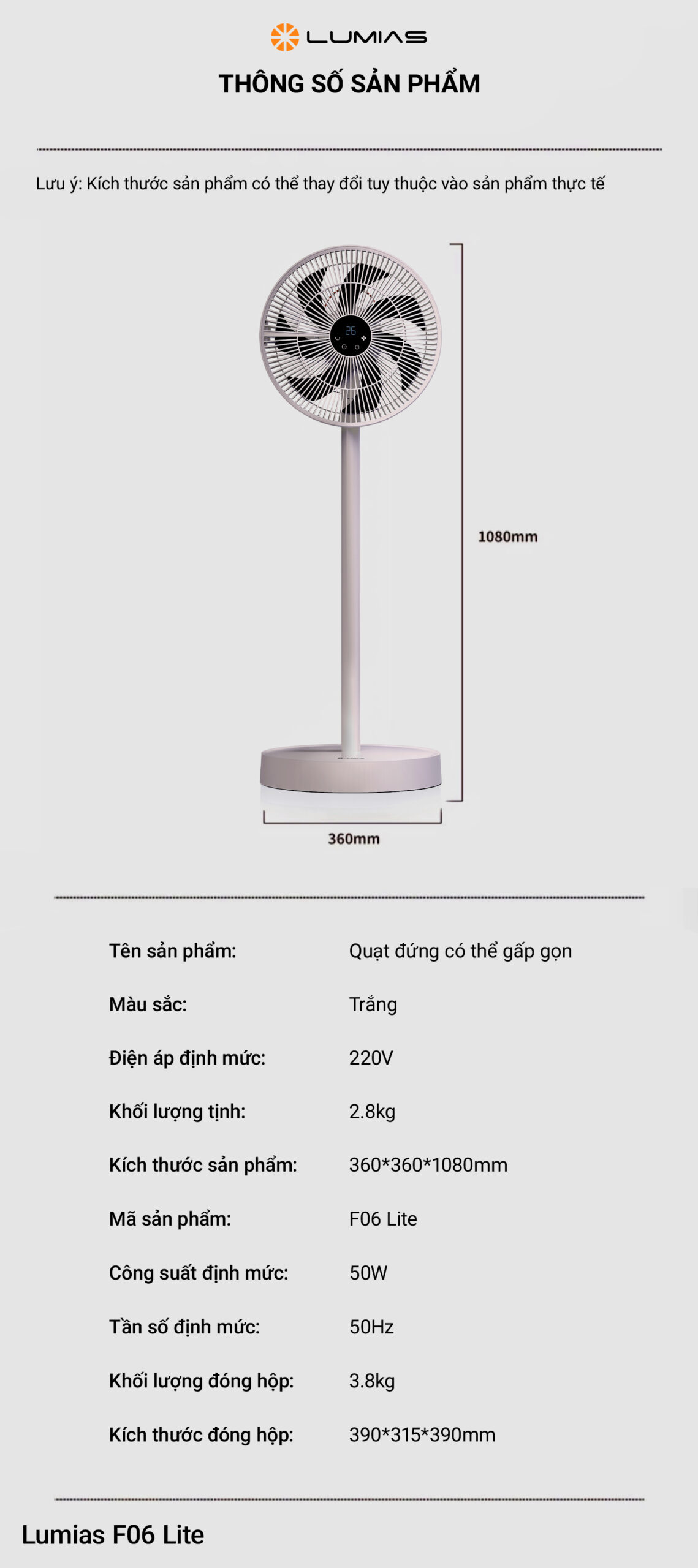 Thông số kỹ thuật quạt đứng có thể gấp gọn Lumias F06 Lite