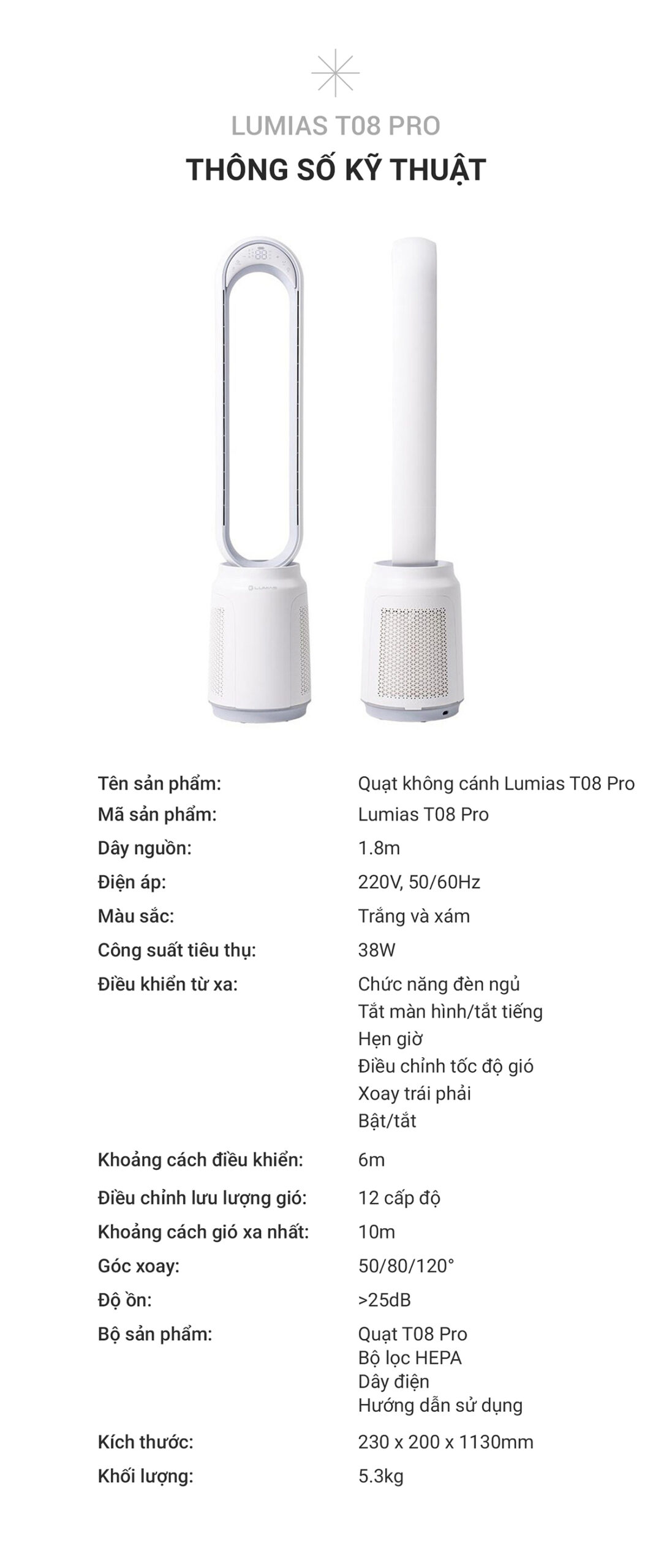 Thông số kỹ thuật của Quạt không cánh Lumias T08 Pro