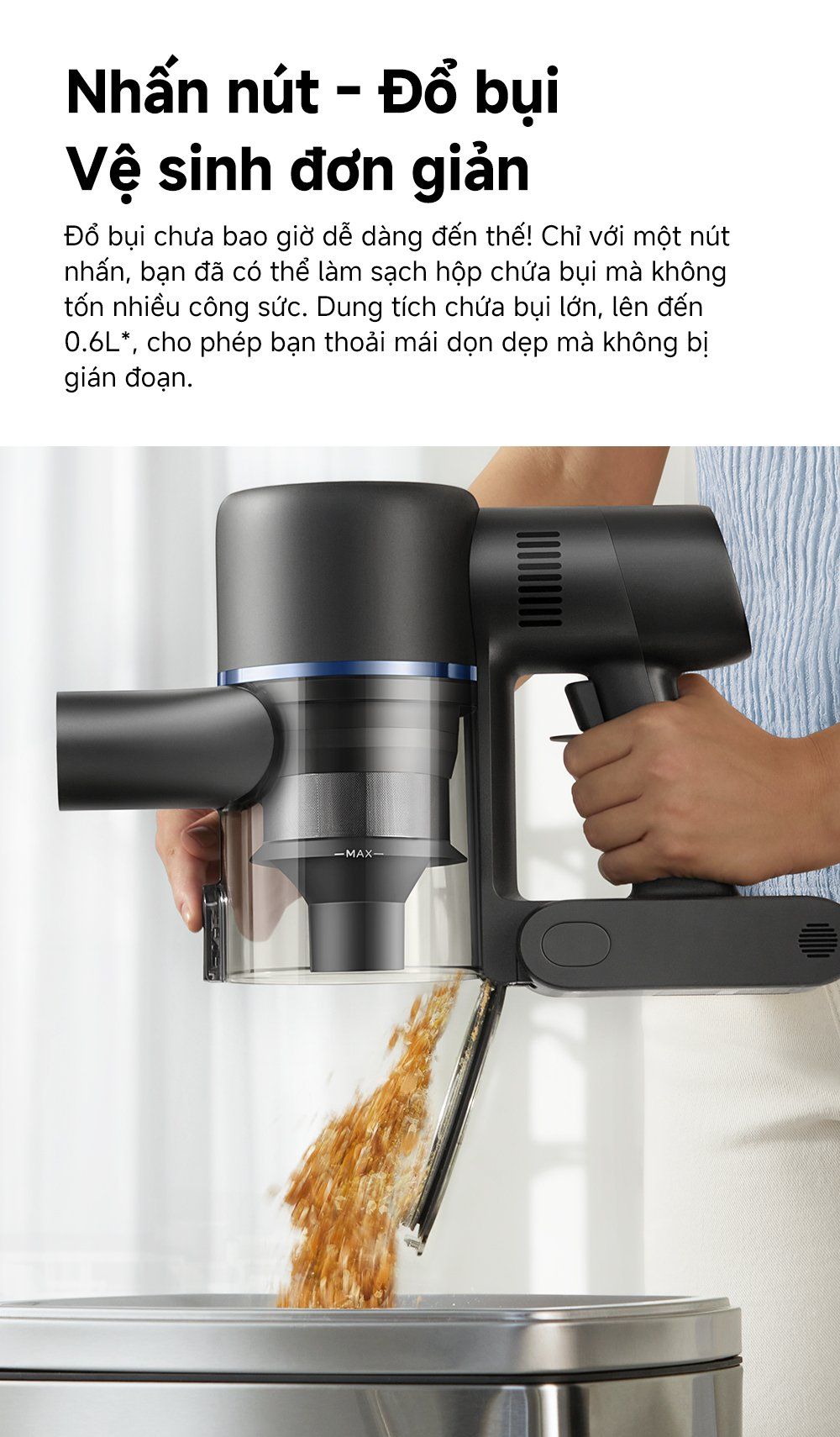Máy hút bụi không dây MOVA S4 Detect nhấn nút đổ bụi