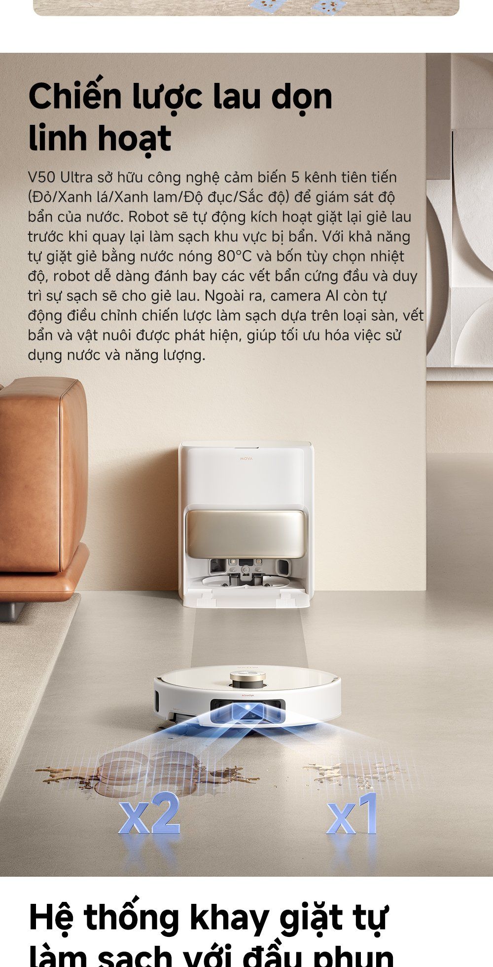 Robot hút bụi lau nhà thông minh MOVA V50 Ultra chiến lược lau dọn linh hoạt