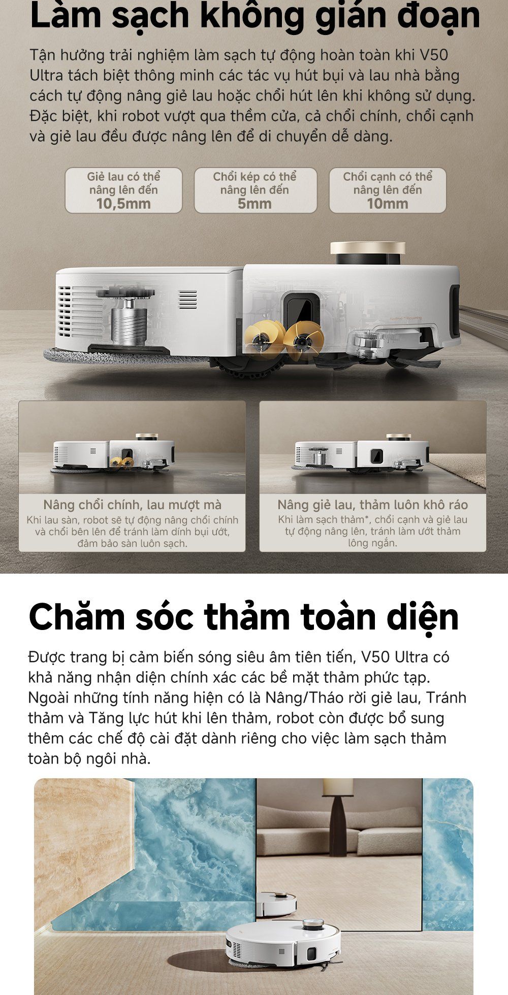 Robot hút bụi lau nhà thông minh MOVA V50 Ultra chăm sóc thảm