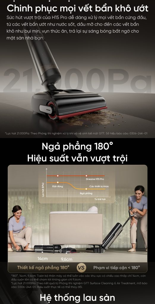 Máy hút bụi lau sàn thông minh Dreame H15 Pro ngả phẳng 180 độ