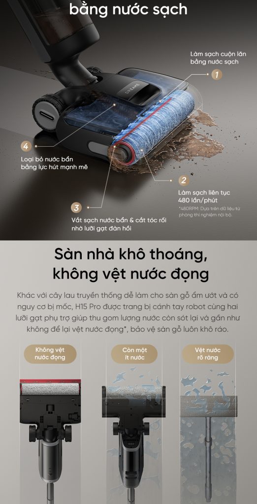 Máy hút bụi lau sàn thông minh Dreame H15 Pro giữ sàn nhà khô thoáng