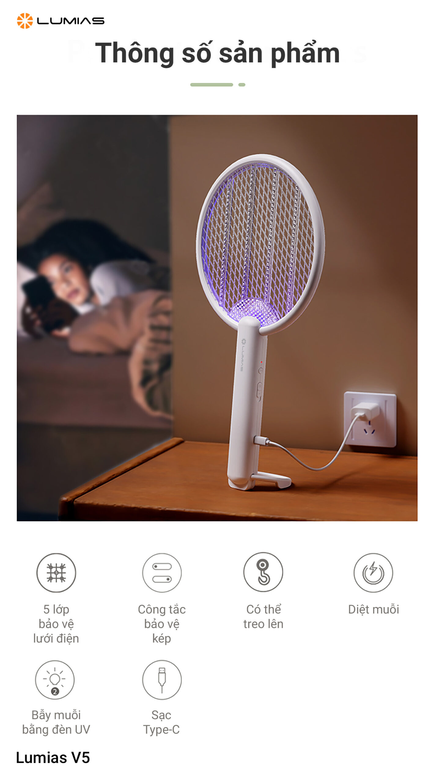 Thông số sản phẩm vợt muỗi có đèn UV Lumias V5 