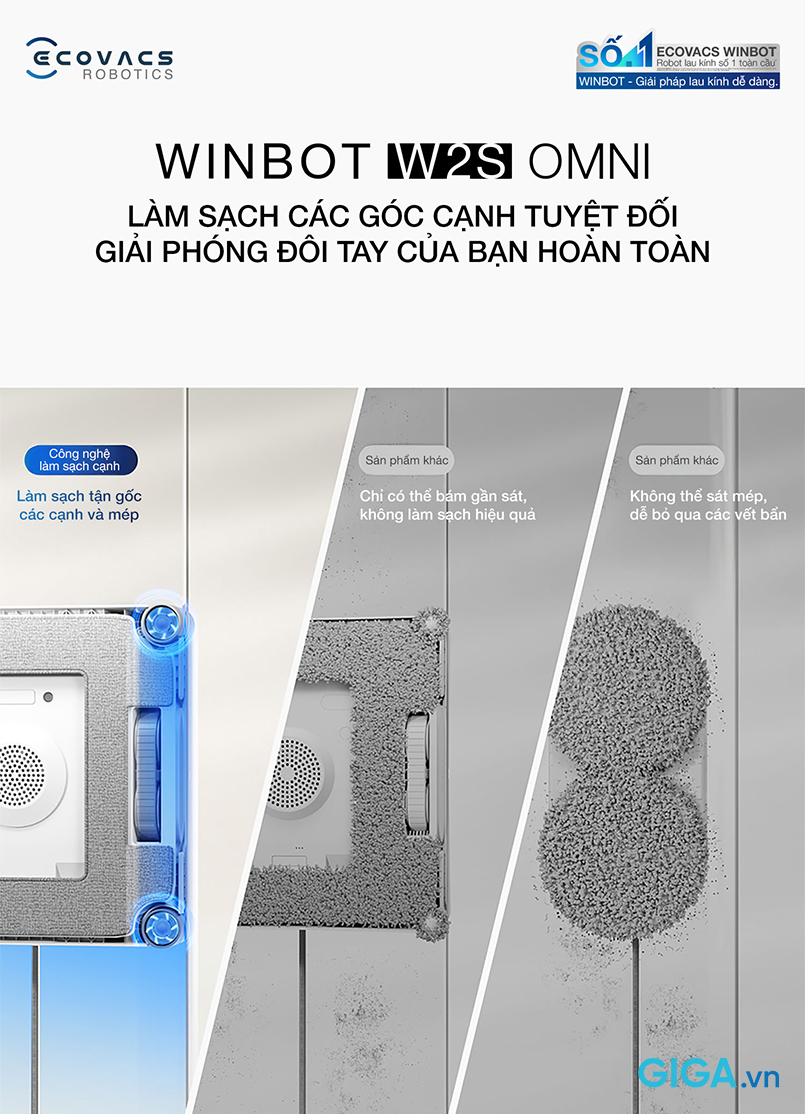 Robot lau kính Ecovacs Winbot W2S Omni làm sạch các góc cạnh tuyệt đối