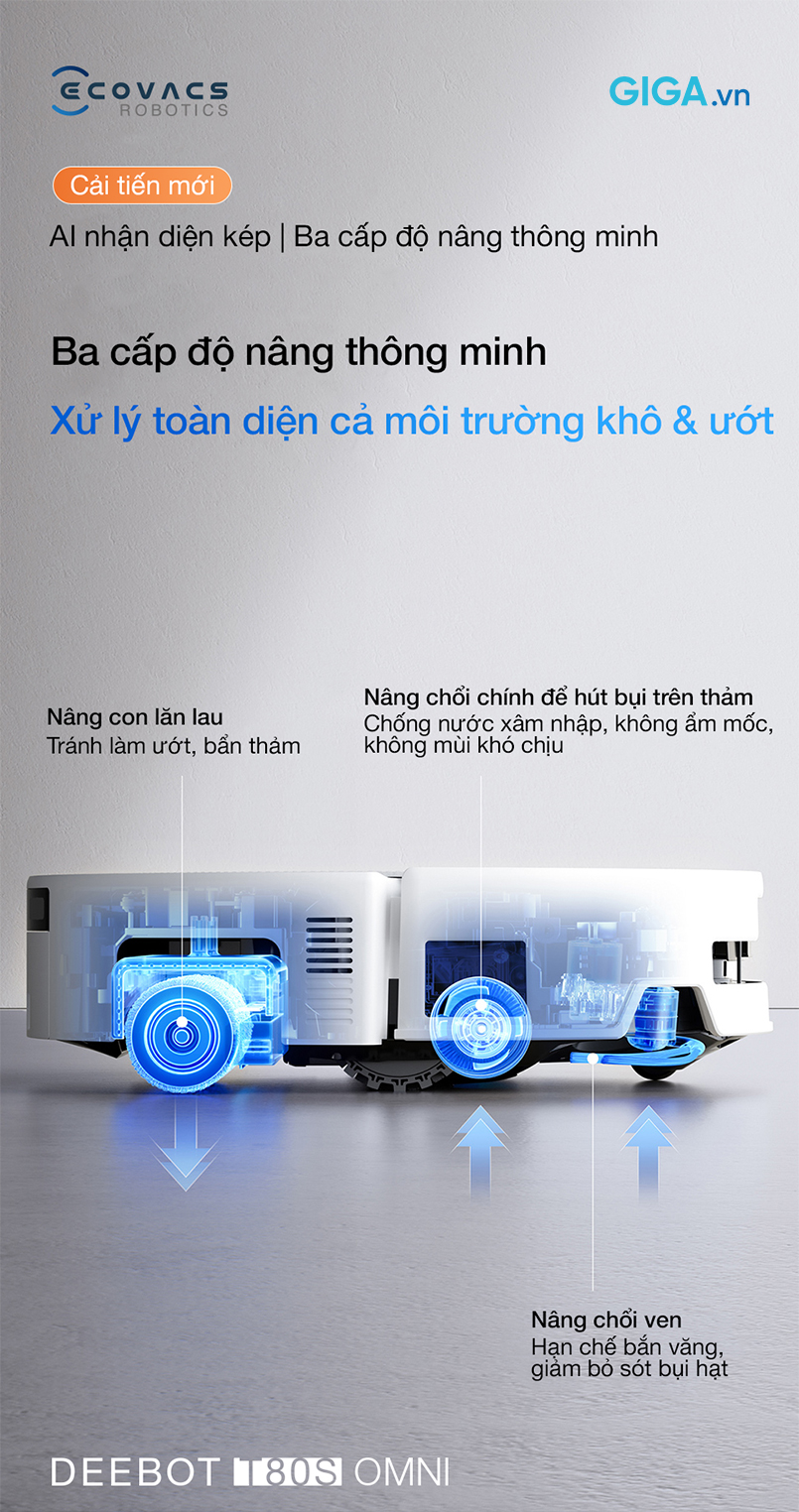 Robot hút bụi lau nhà DEEBOT T80S OMNI với con lăn linh hoạt nâng cao 10mm, ngăn chặn hoàn toàn ô nhiễm chéo
