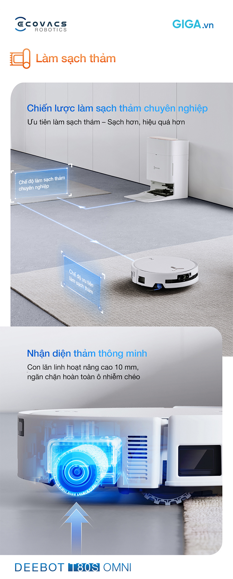Robot hút bụi lau nhà DEEBOT T80S OMNI với làm sạch thảm chuyên nghiệp
