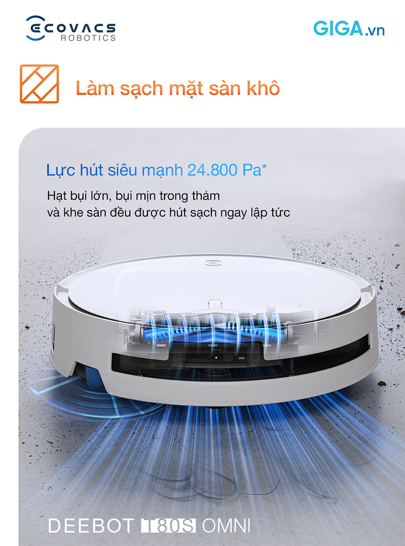 Robot hút bụi lau nhà Ecovacs Deebot T80S Omni lực hút 24.800 Pa, làm sạch gấp 16 lần 