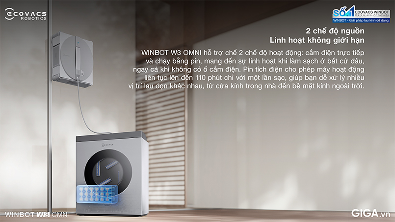 WINBOT W3 OMNI hỗ trợ cả chế độ cắm điện và chạy bằng pin tiện lợi 