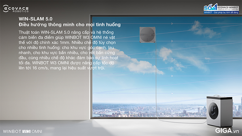 Ecovacs Winbot W3 Omni điều hướng thông minh nhờ thuật toán WIN-SLAM 5.0