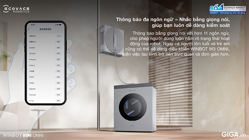 Robot lau kính Ecovacs Winbot W3 Omni thông báo đa ngôn ngữ