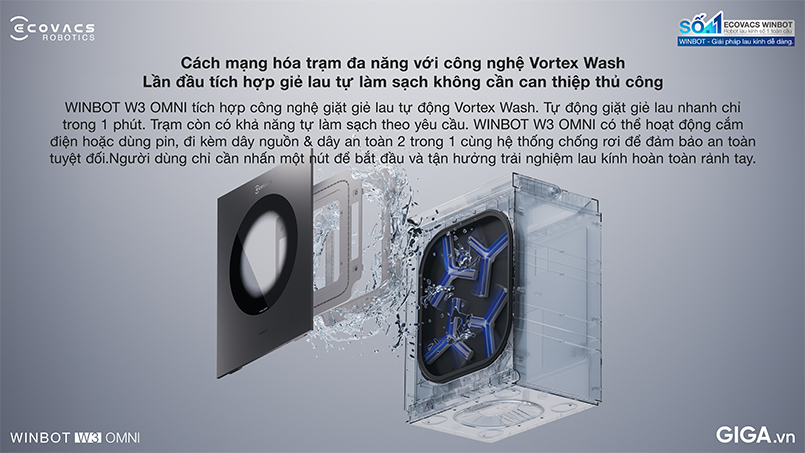 Robot lau kính Ecovacs Winbot W3 Omni sở hữu công nghệ giặt khăn lau Vortex Wash